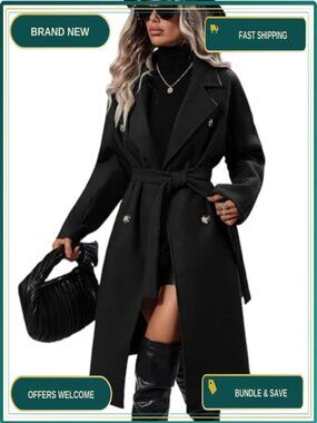 Wool Blend Pea Coat Long Trench Coat Double Breasted Knee Length Winter Coat